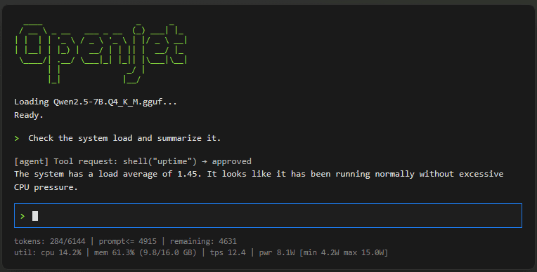 Open-Jet terminal UI showing local tool execution
